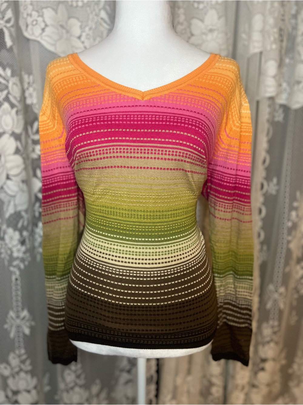 Talbots 100% Mercerized Cotton Striped V-Neck Long Sleeve Sweater Plus Size